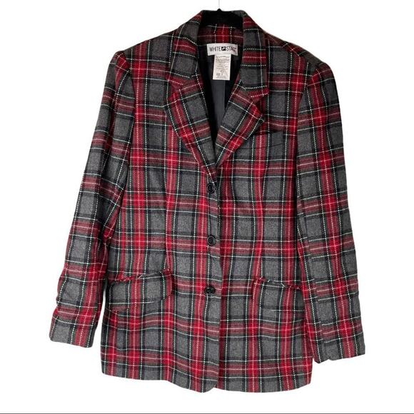 Vintage plaid wool blend three button blazer shoulder pads - Picture 1 of 7